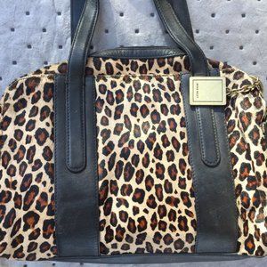 Leather and Faux Leopard Fur Handbag 12x9 w 2" Side Pockets Excellent Fall Bag